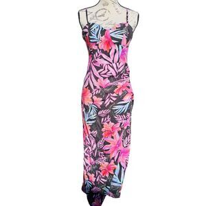 Zara NWT Multicolor Linen Blend Tropical Print Corset Style Midi‎ Dress Medium